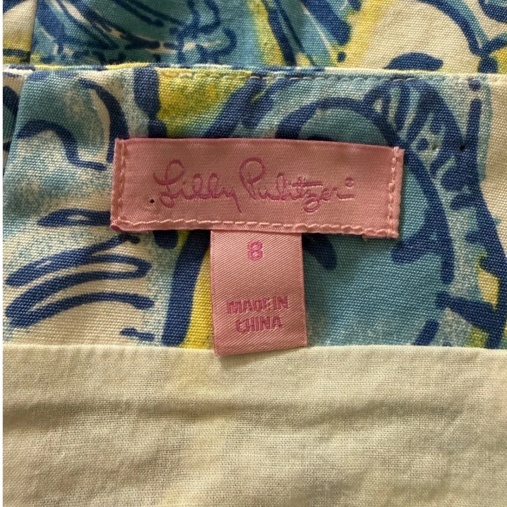 Lilly Pulitzer Blue Yellow Floral Zodiac Print Mini Skirt Pockets Size 8